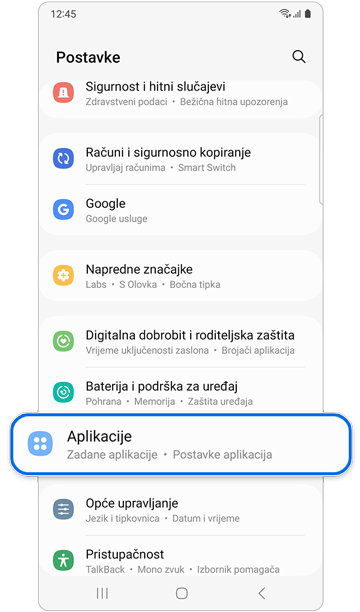 Opcija Aplikacije u postavkama.