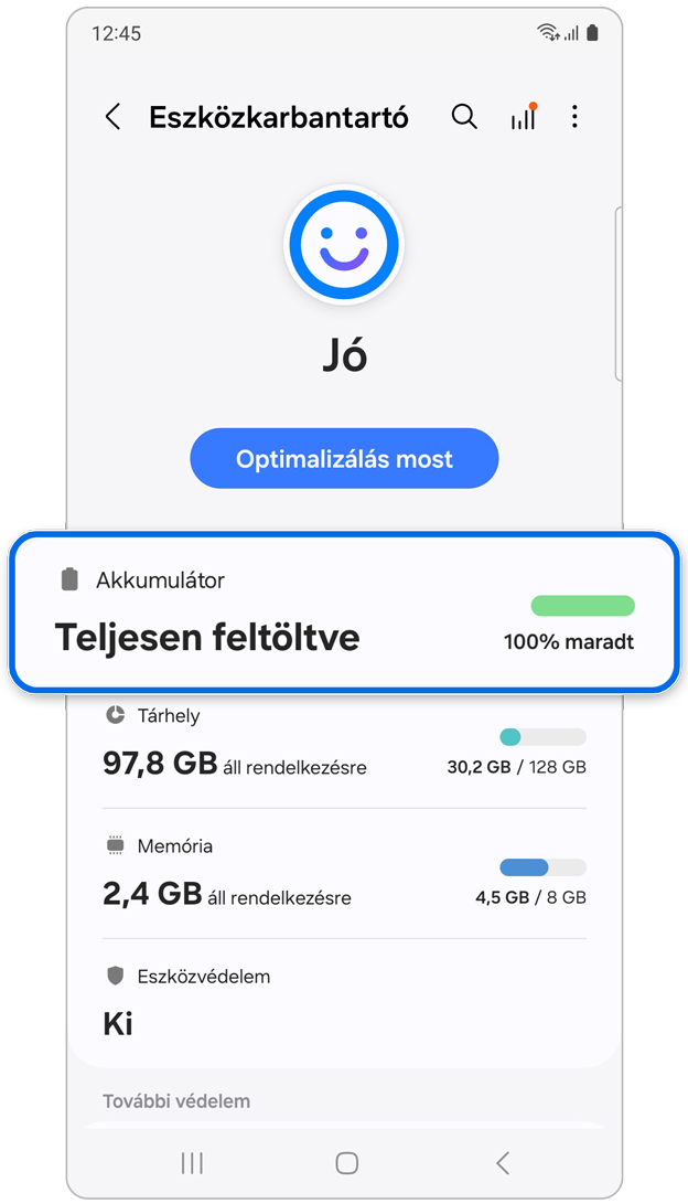 Akkumulátor opció az Eszközkarbantartóban