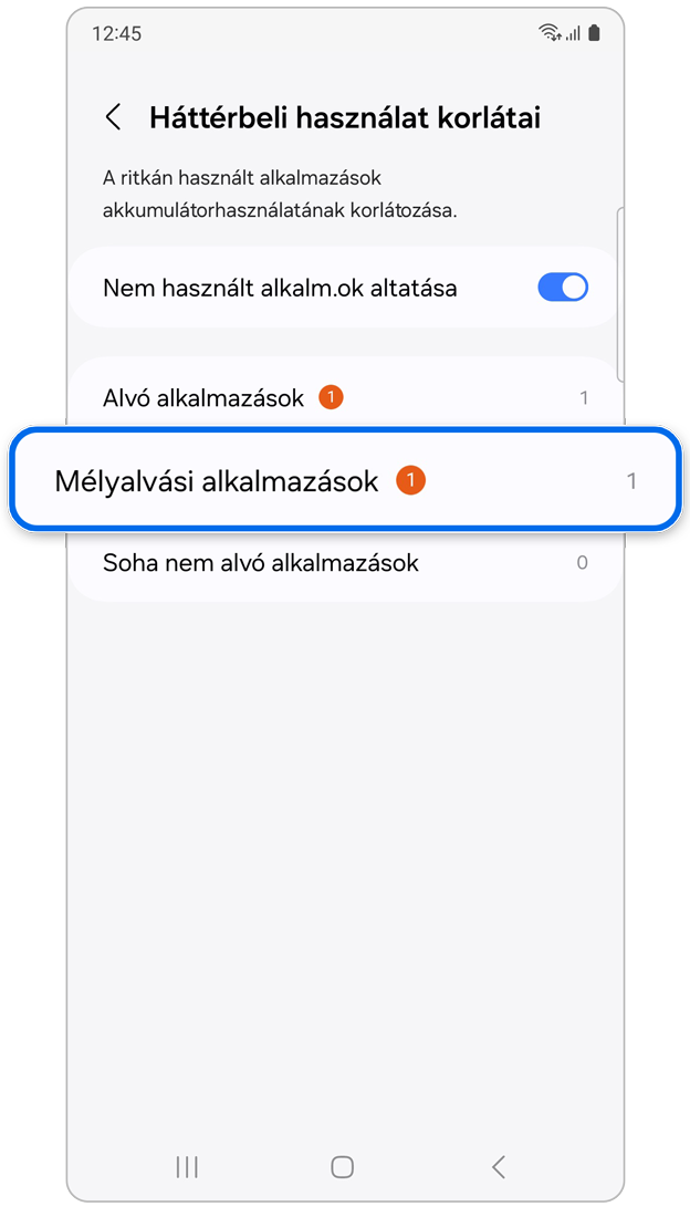 A Háttérbeli használat korlátai menüpont Alvó alkalmazások lehetősége