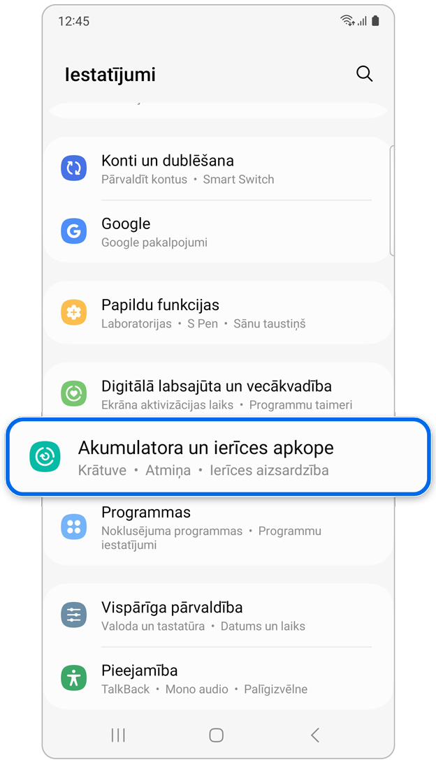 Ierīces apkopes opcija Iestatījumu sadaļā.