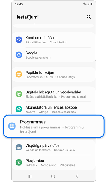 Programmu opcija Iestatījumu sadaļā.
