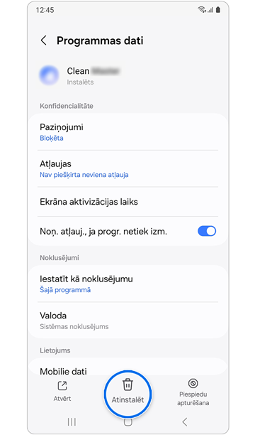 Atinstalēšanas poga lietotņu datu sadaļā.