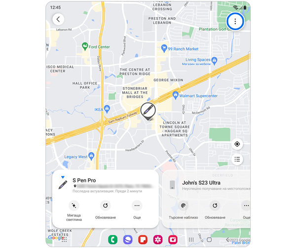 Карта на местоположенията на устройства Samsung с избрана икона Още опции.
