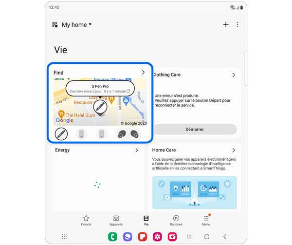 Écran de SmartThings Life avec l’onglet Find sélectionné