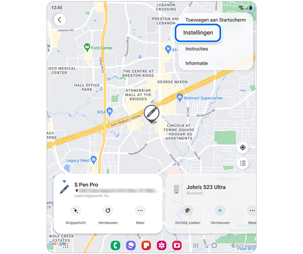 Kaart van Samsung-apparaatlocaties met de optie Instellingen geselecteerd.