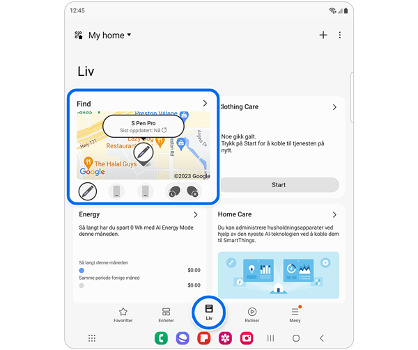 SmartThings Liv-side med valgt Find-kort.