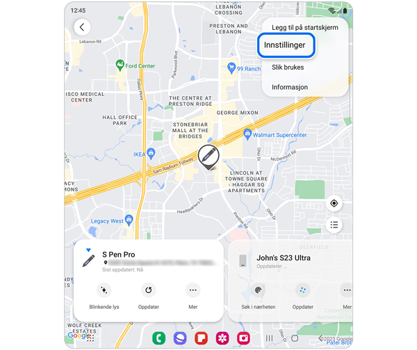 Kart over Samsung-enhetenes posisjon, med alternativet Innstillinger valgt.