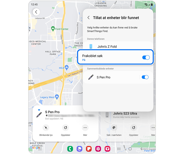 Kart over Samsung-enhetenes posisjon med alternativet Innstillinger valgt.