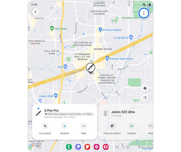 Mapa das localizações dos dispositivos Samsung com o ícone Mais opções selecionado.