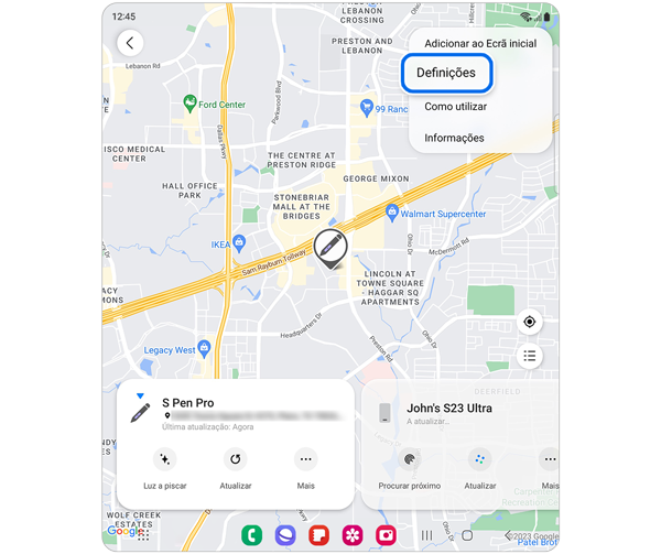 Mapa das localizações dos dispositivos Samsung com a opção Definições selecionada.