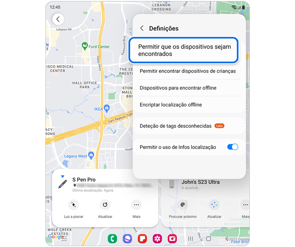 Opção Permitir que os dispositivos sejam encontrados identificada com um círculo no menu pendente Definições.