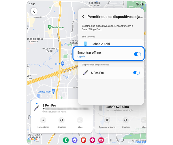 Mapa das localizações dos dispositivos Samsung com a opção Definições selecionada.