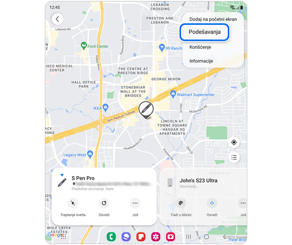 Mapa lokacija Samsung uređaja sa izabranom opcijom Podešavanja.