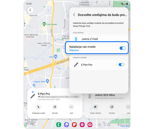 Mapa lokacija Samsung uređaja sa izabranom opcijom Podešavanja.