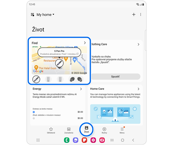 Stránka SmartThings Život s vybranou kartou Find.