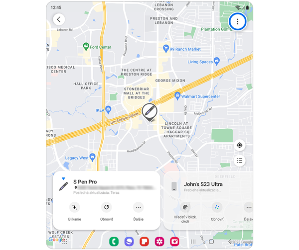 Mapa umiestnenia zariadení Samsung s vybranou ikonou Ďalšie.