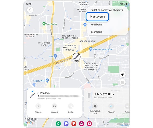 Mapa umiestnenia zariadení Samsung s vybranou možnosťou Nastavenia.