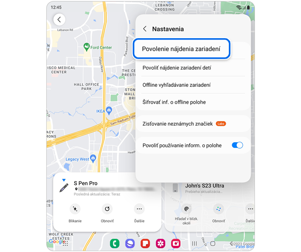 Povolenie nájdenia zariadení je označené v rozbaľovacom menu Nastavenia.