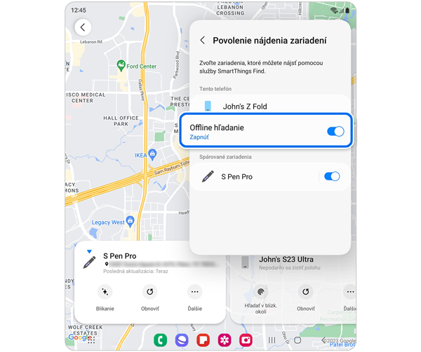 Mapa umiestnenia zariadení Samsung s vybranou možnosťou Nastavenia.