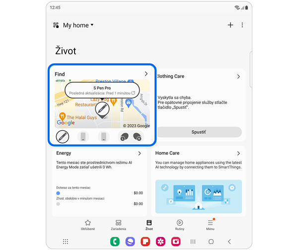Stránka SmartThings Život s vybranou kartou Find.