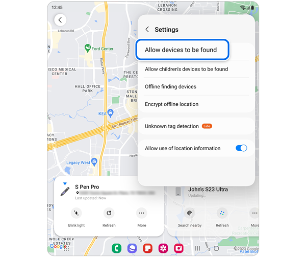 Allow devices to be found circled in the Settings drop-down menua.