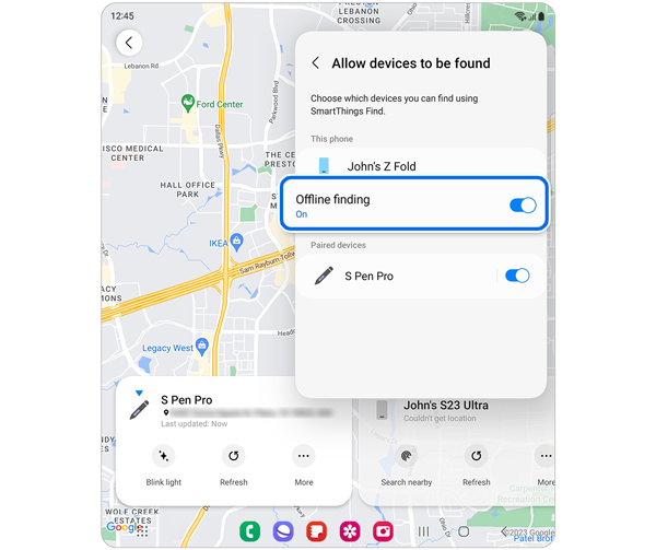 Map of Samsung device locations with Settings option selected.