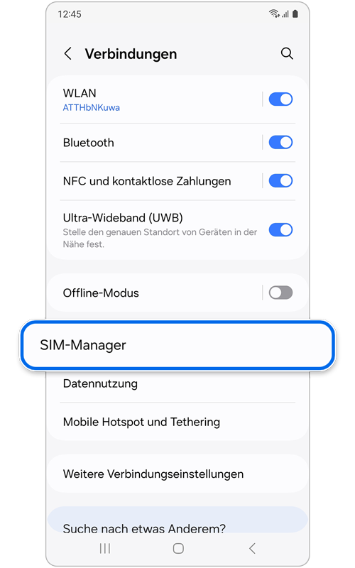 Ansicht des unter "Verbindungen" ausgewählten SIM-Managers.