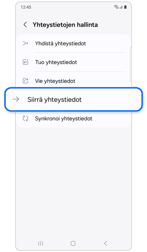 Vaihtoehtojen luettelo valikossa Yhteystietojen hallinta
