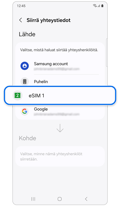Luettelo siitä, mistä siirtää yhteystiedot