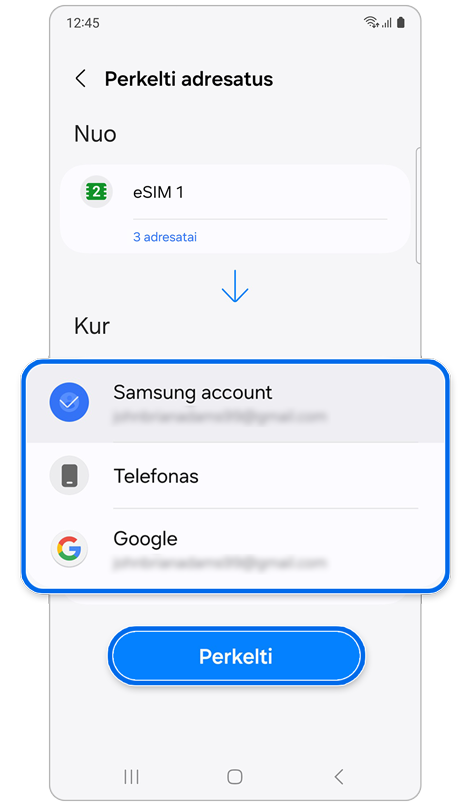 Sąrašas vietų, į kurias galima perkelti pasirinktus adresatus