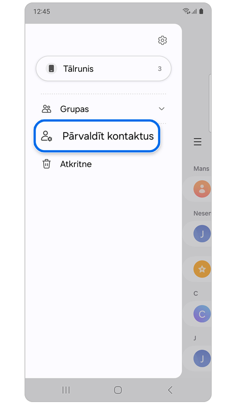 Lietotnes Kontakti izvēlne