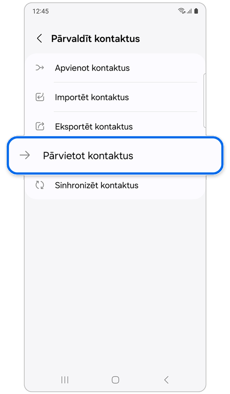 Iespēju saraksts sadaļā Pārvaldīt kontaktus