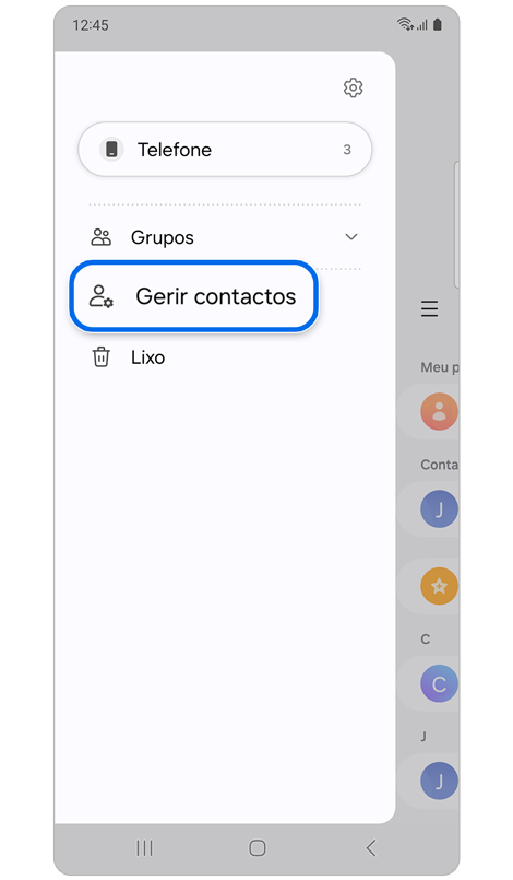 Menu da aplicação Contactos