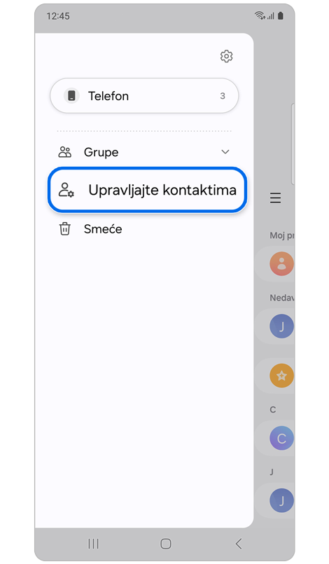 Meni aplikacije Kontakti