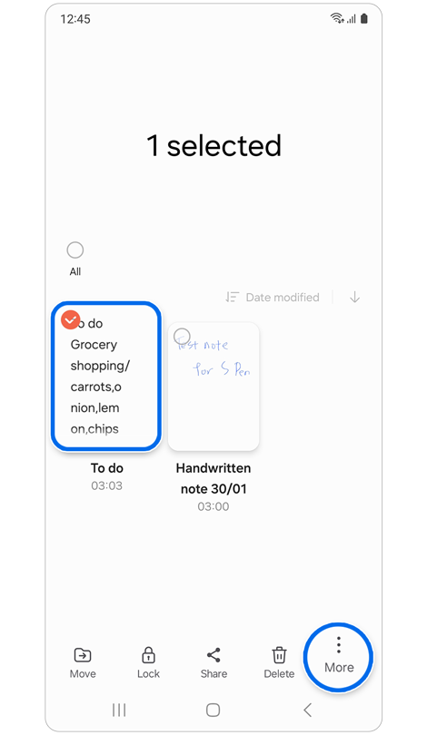 Selecting a note in the Samsung Notes app.