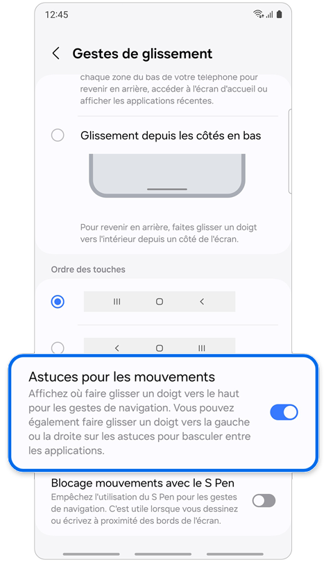Écran des gestes de glissement