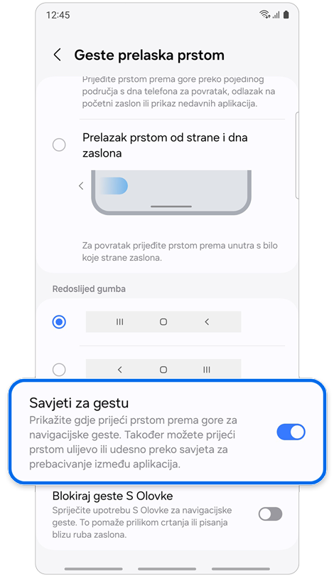 Više opcija za geste prelaska prstom.
