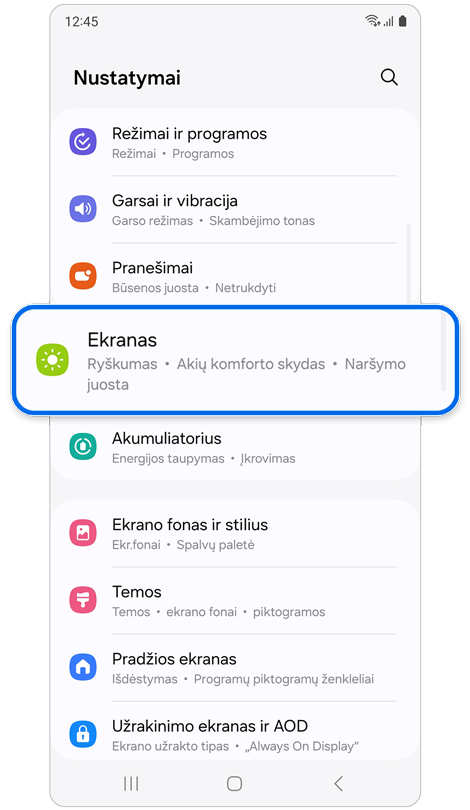Nustatymų pradžios ekranas.