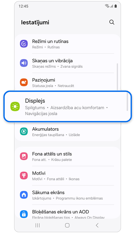 Iestatījumu sadaļas sākuma ekrāns.