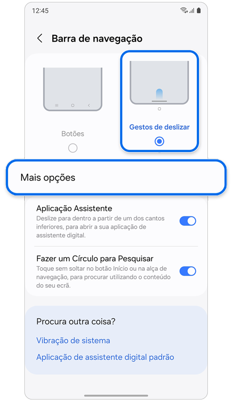 Ecrã de definições da Barra de navegação.