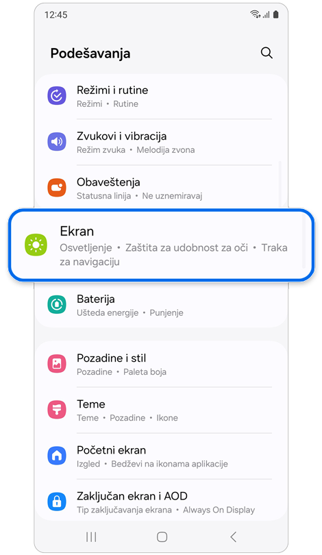 Početni ekran za Podešavanja.