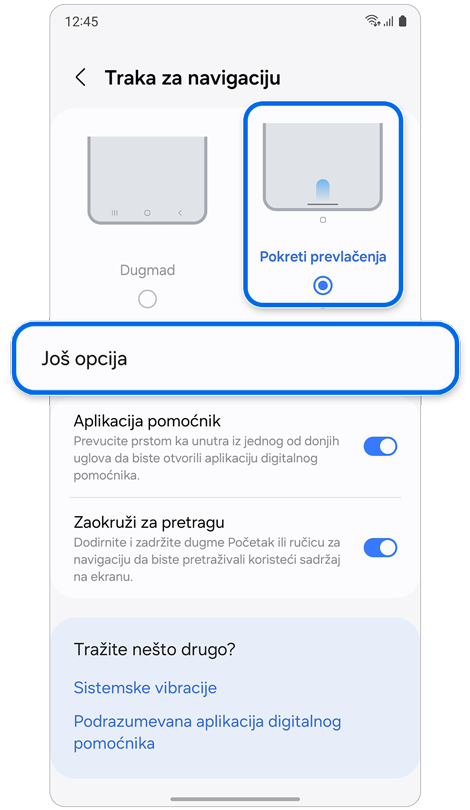 Traka za navigaciju, ekran podešavanja.