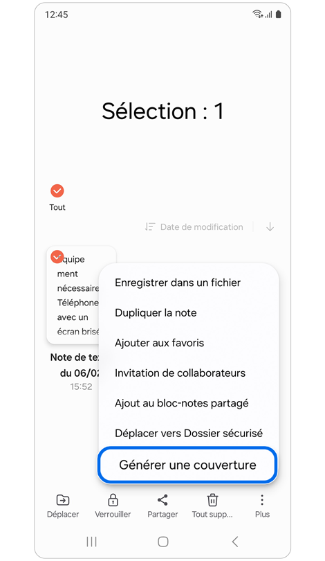 Options supplémentaires de l’application Samsung Notes