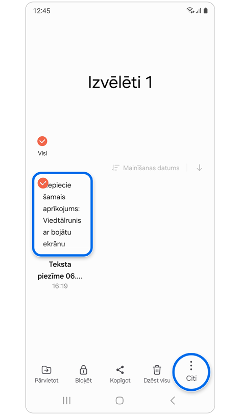 Piezīmes atlasīšana lietotnē Samsung Notes.