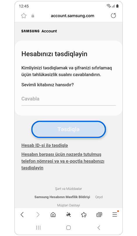 Təhlükəsizlik sualına cavab vermək üçün ekran.