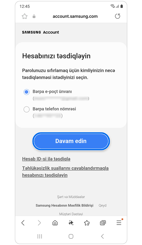 Alternativ doğrulama seçimləri ekranı.