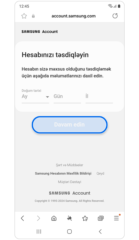 Hesab sahibliyinin doğrulama ekranı.
