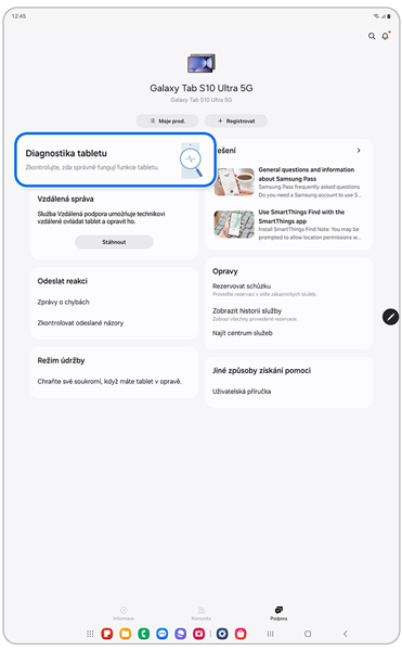 Karta Podpora v aplikaci Samsung Members