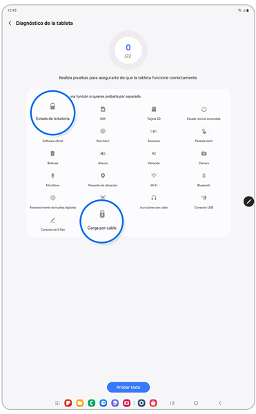 Pantalla de diagnóstico de la tablet