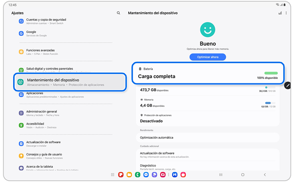 Pantalla de ajustes del mantenimiento del dispositivo